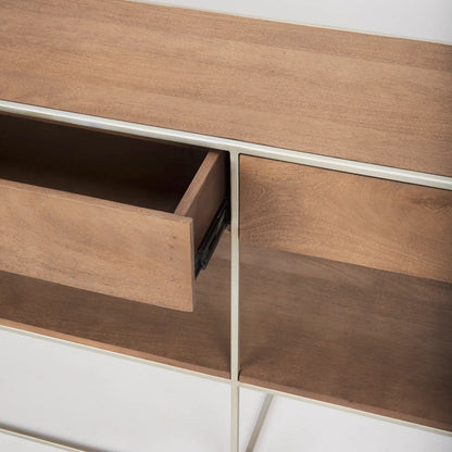 Morris Console Table by Mercana in brown wood, silver metal. Made from wood, metal in a modern style.