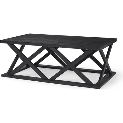 Forsey Rectangular Coffee Table by Mercana in black. Made from solid wood in a transitional style.