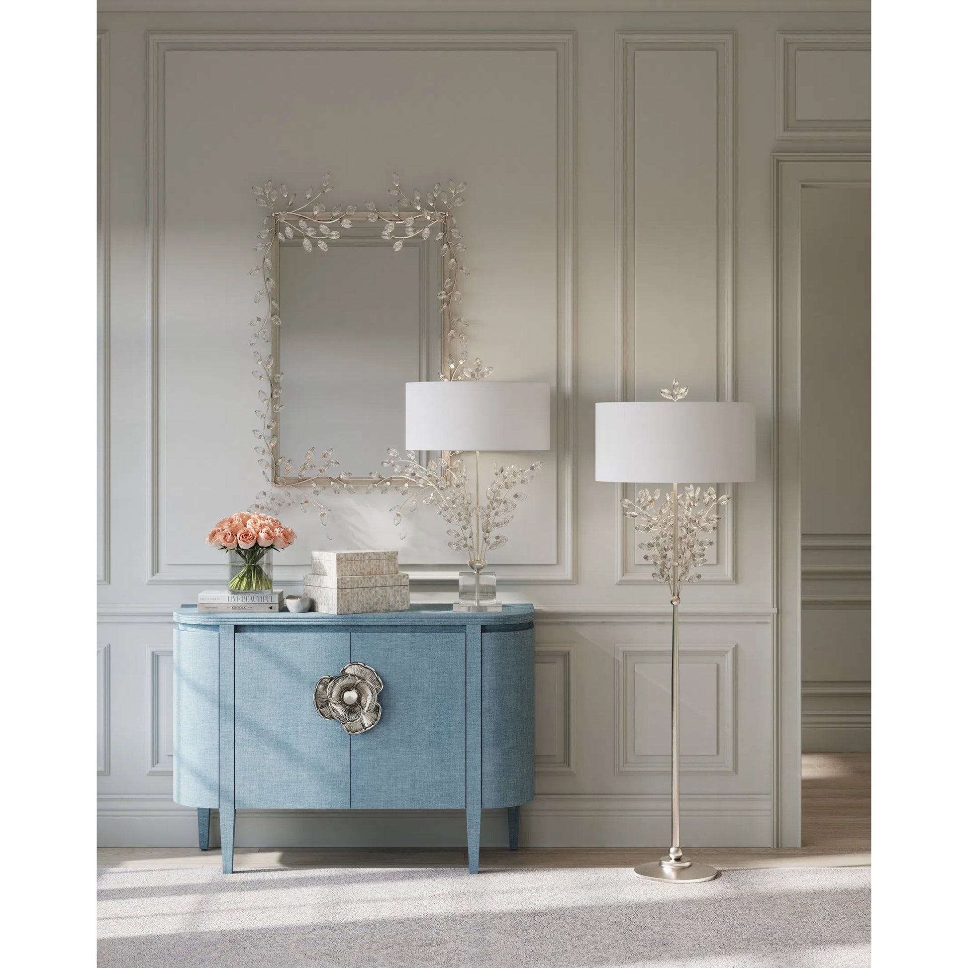 Forget-Me-Not Floor Lamp by Currey and Company. Made from crystal, metal in a modern style.