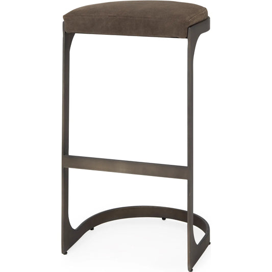 Tyson Leather Seat Bar Stool by Mercana in dark brown. Made from leather, metal in a traditional style.