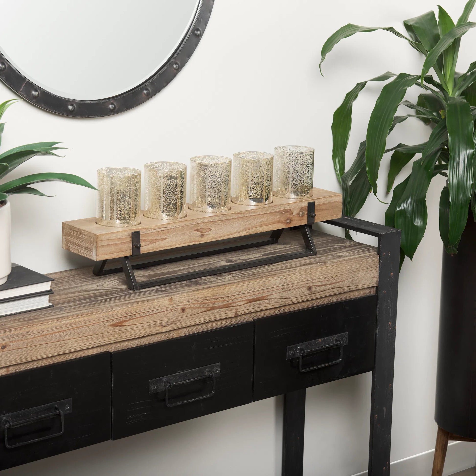 Benk Wood Metal Five Cup Candle Holder by Mercana in beige. Made from unique in a modern style.