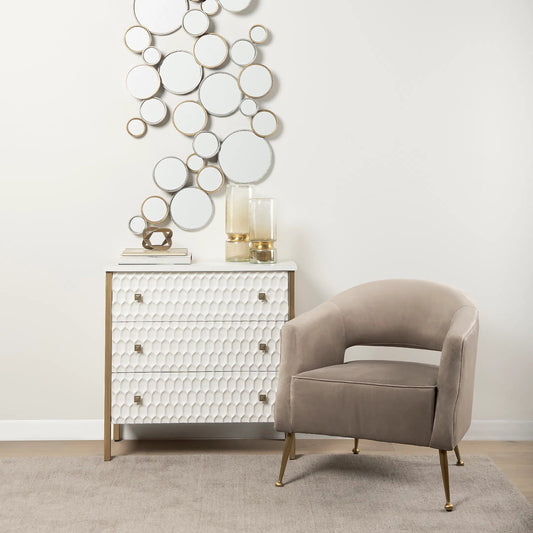 Savannah 3 Drawer Accent Cabinet by Mercana in white, gold. Made from iron in a transitional style.