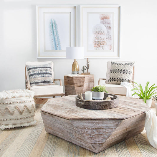Esagono End/Side Table by Mercana in natural. Made from acacia wood in a rustic style.