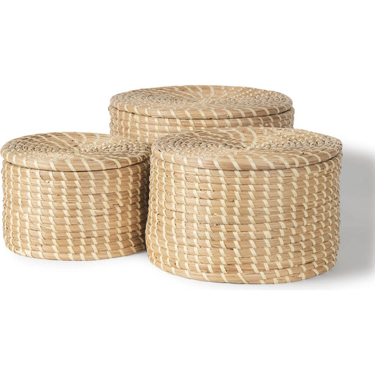 Kailini Nesting Palm Leaf Boxes with Lids (Set of 3) by Mercana in brown. Made from seagrass in a unique style.