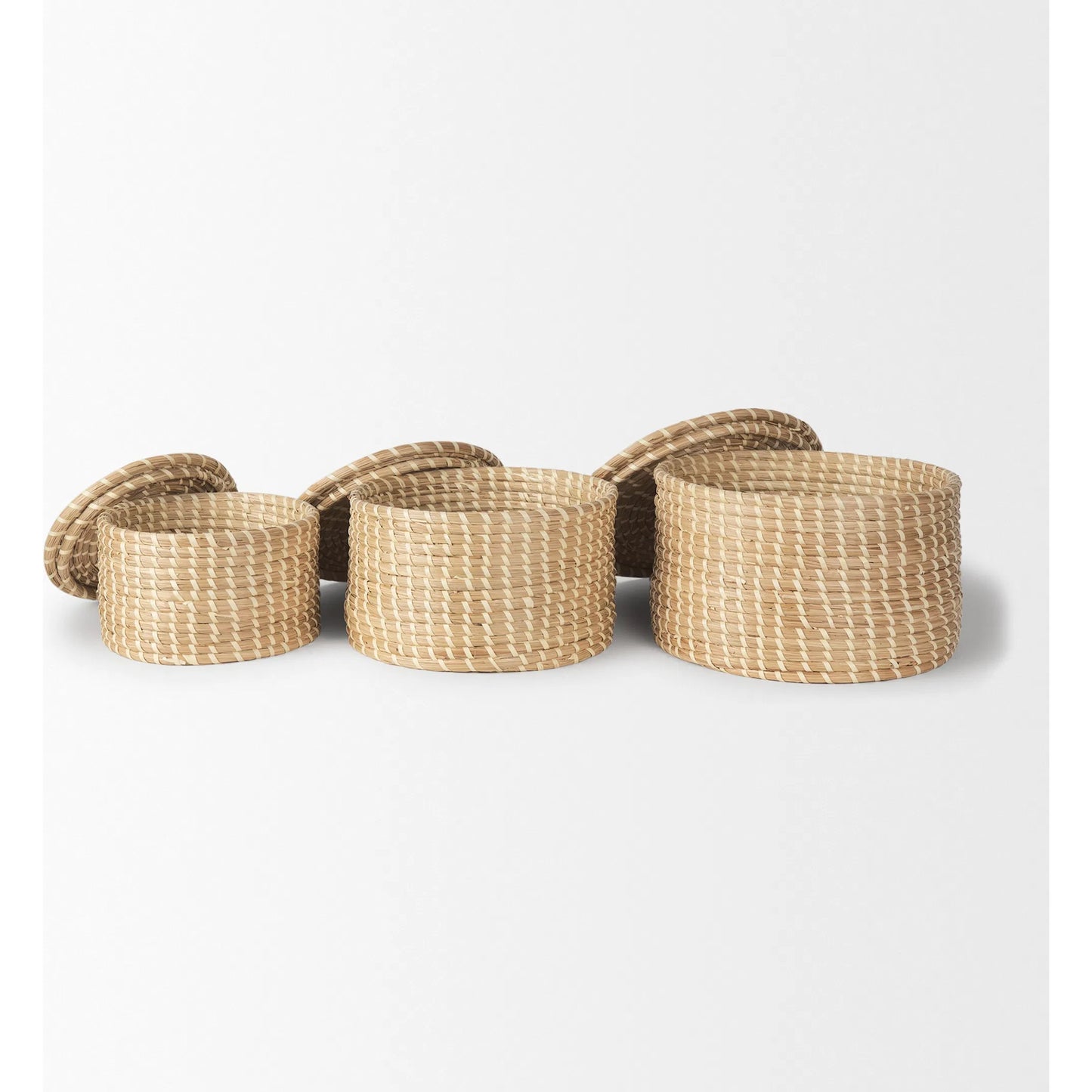 013 SI-2370110 | Closeup | Kailini Nesting Palm Leaf Boxes with Lids by Mercana in brown. Made from seagrass in a rustic style.