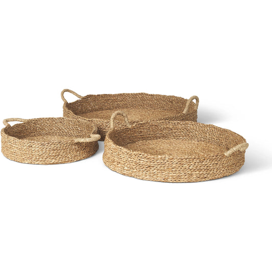 Ulana Round Nesting Trays (Set of 3) by Mercana in brown. Made from seagrass in a unique style.