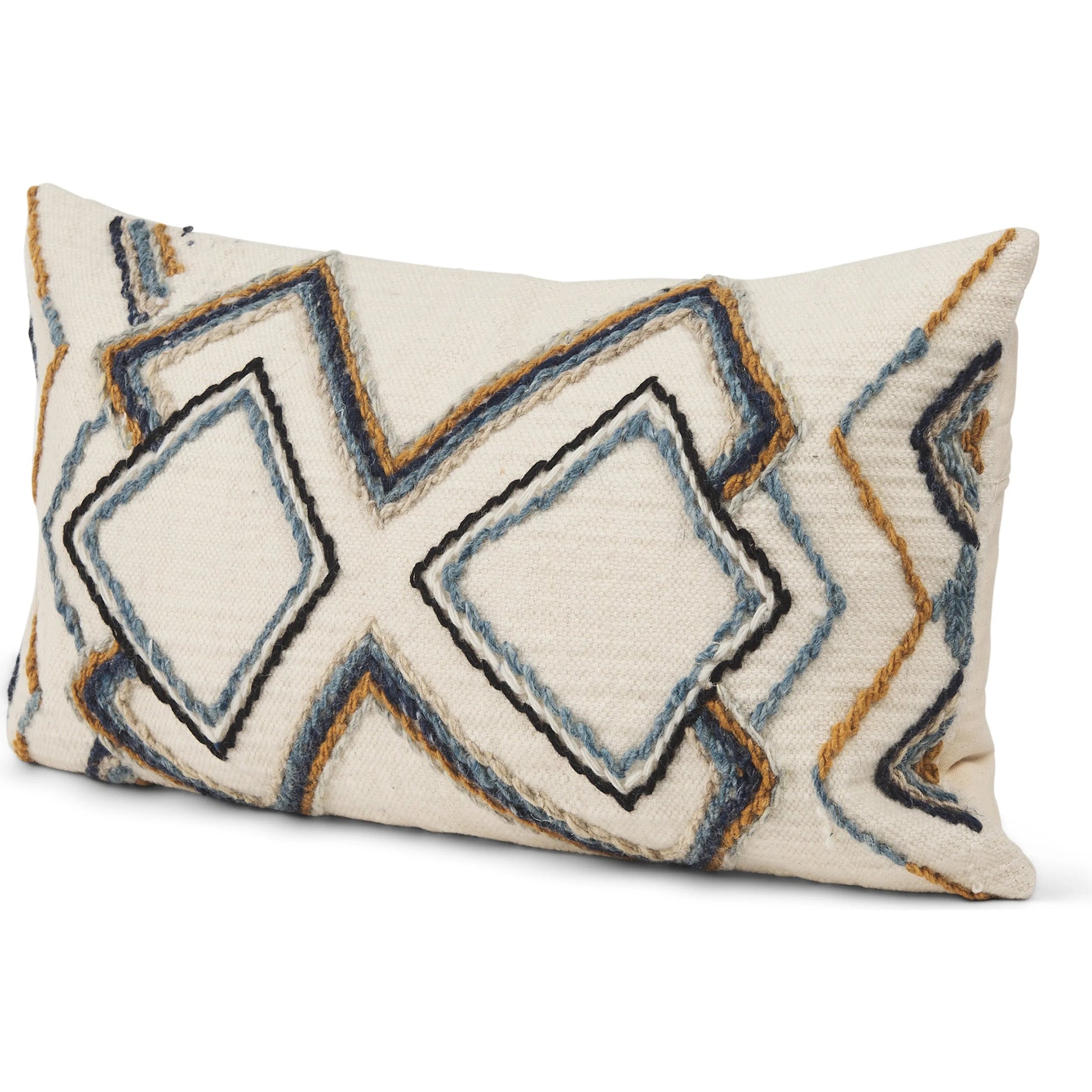 Kitt Lumbar Pillow Cover by Mercana in black, blue, yellow. Made from cotton blend in a rustic style.