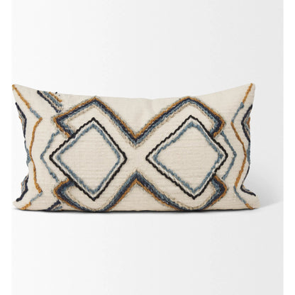 Kitt Lumbar Pillow Cover by Mercana in black, blue, yellow. Made from cotton blend in a rustic style.