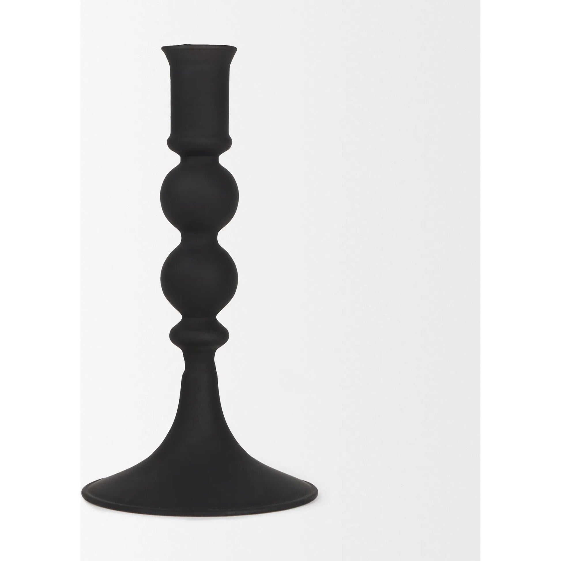 Haute Matte Black Blown Glass Candlestick by Mercana in black. Made from metal in a traditional style.