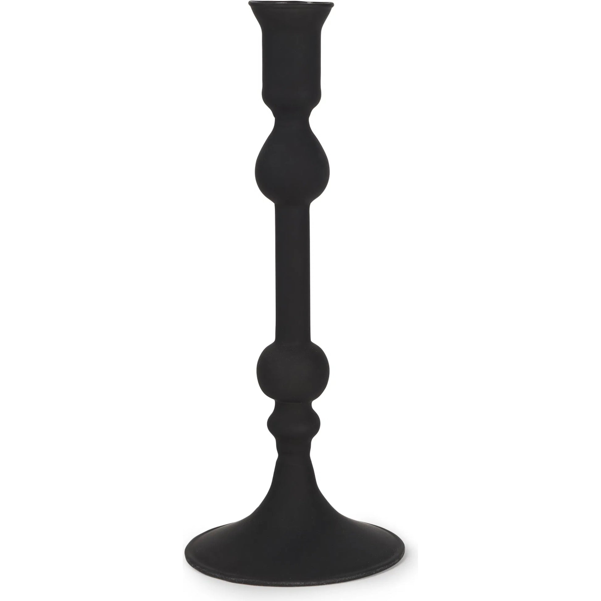 Haute Matte Black Blown Glass Candlestick by Mercana in black. Made from metal in a traditional style.