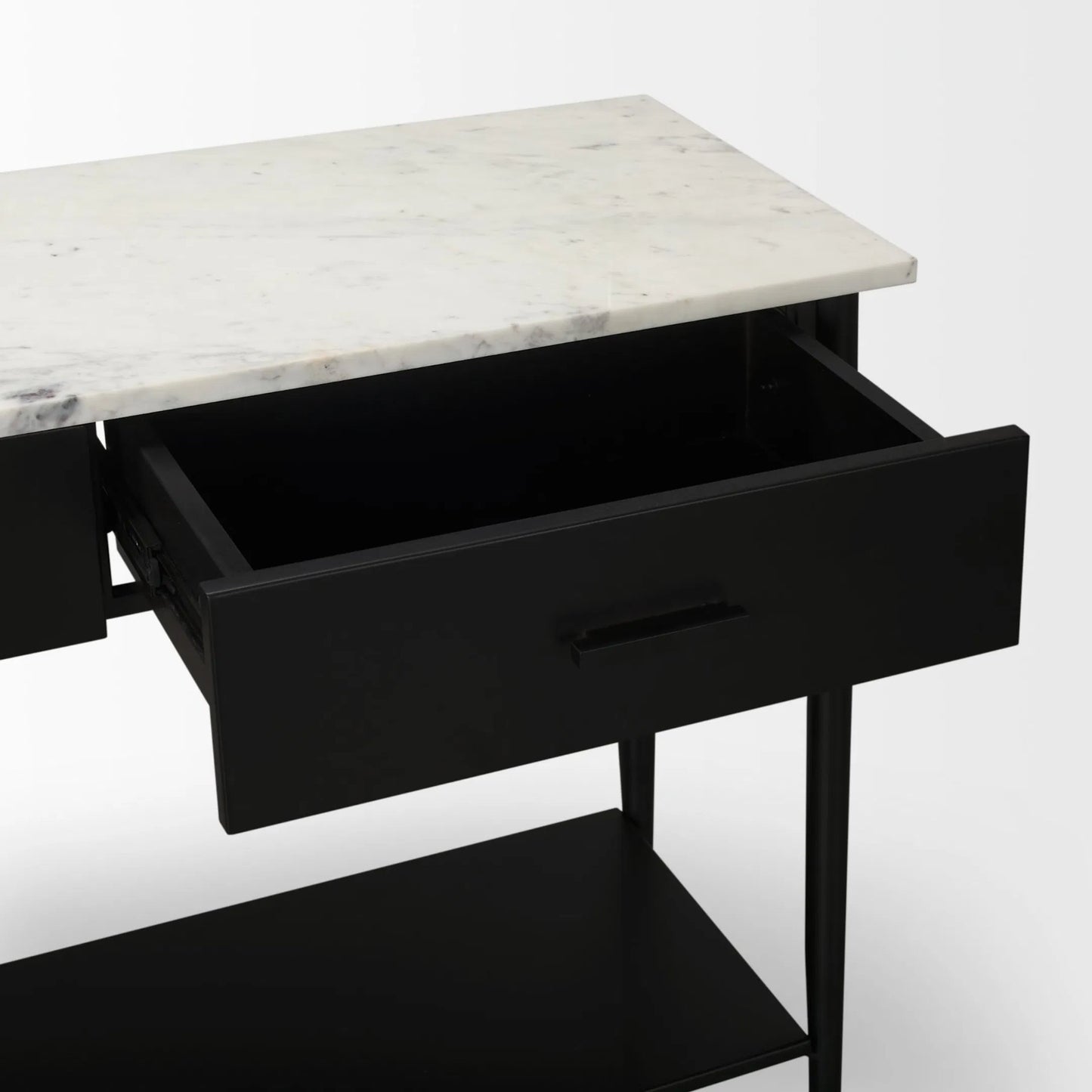 021 SI-2369908 | Closeup | Amika Console Table by Mercana in white, black. Made from metal in a modern style.