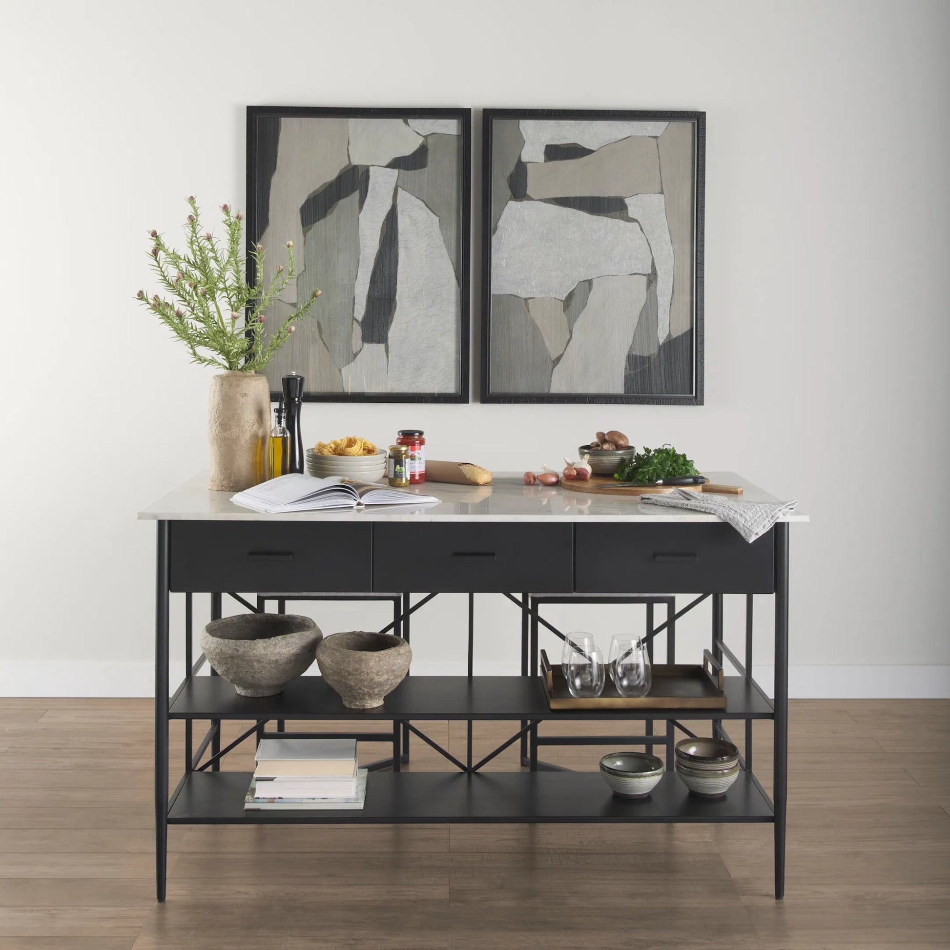 Amika Kitchen Island by Mercana in white, black. Made from iron in a unique style.
