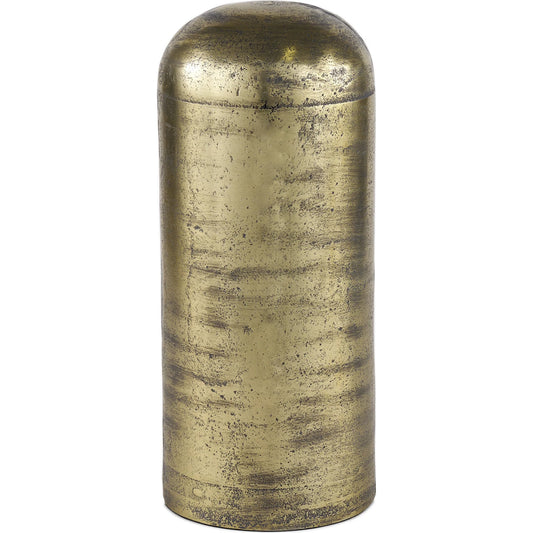 Quonset Ornament by Mercana in antiqued brass. Made from metal in a unique style.