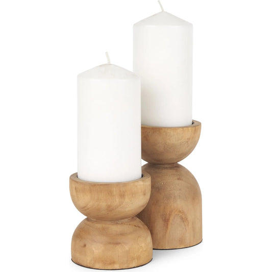 Aleena Wooden Candle Holder (Set of 2) by Mercana in brown. Made from solid wood in a unique style.
