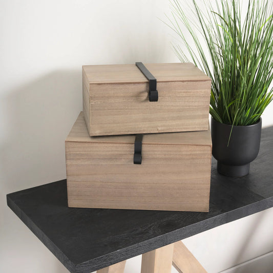 Josh Light Metal Detail Boxes Set of Two by Mercana in light brown. Made from metal, wood in a unique style.