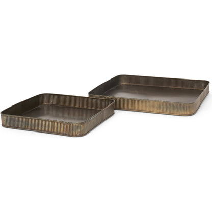 Varun Square Antiqued Brass Trays by Mercana in yellow. Made from metal in a modern style.
