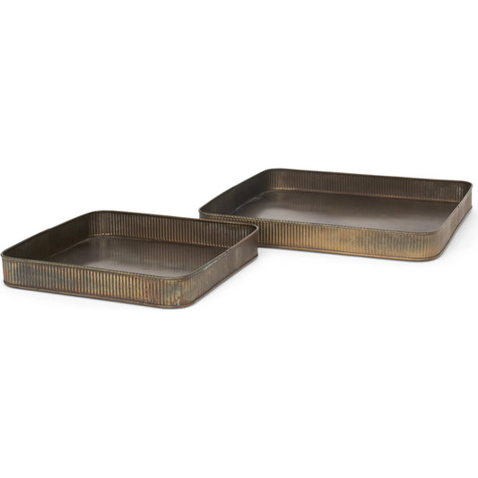 Varun Square Antiqued Brass Trays by Mercana in yellow. Made from metal in a unique style.