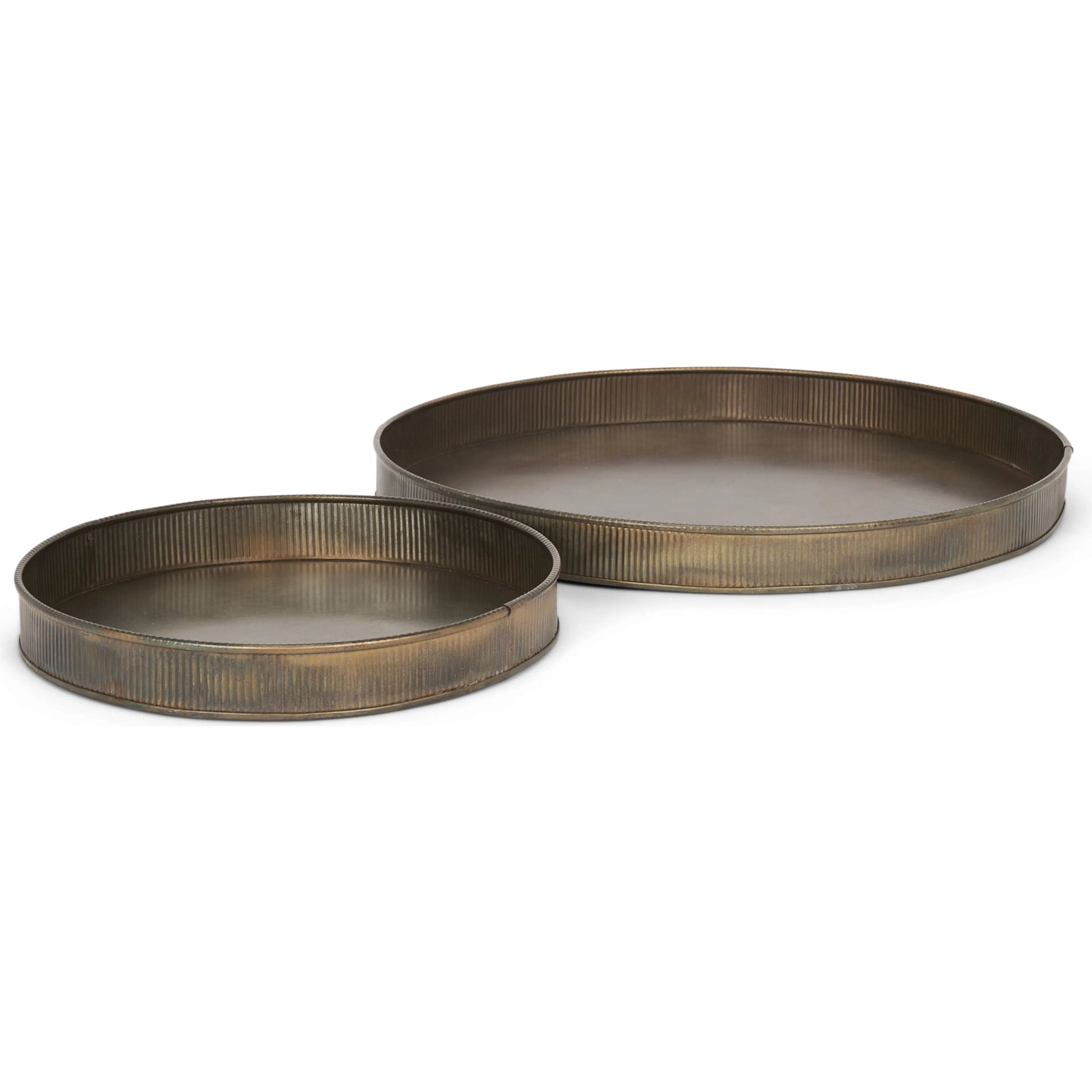 Varun Round Antiqued Brass Trays by Mercana in yellow. Made from metal in a modern style.