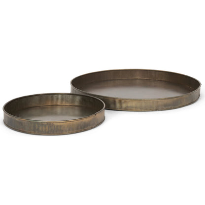 Varun Round Antiqued Brass Trays by Mercana in yellow. Made from metal in a modern style.