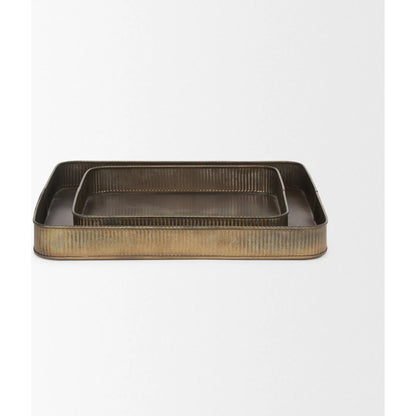 Varun Square Antiqued Brass Trays by Mercana in yellow. Made from metal in a modern style.