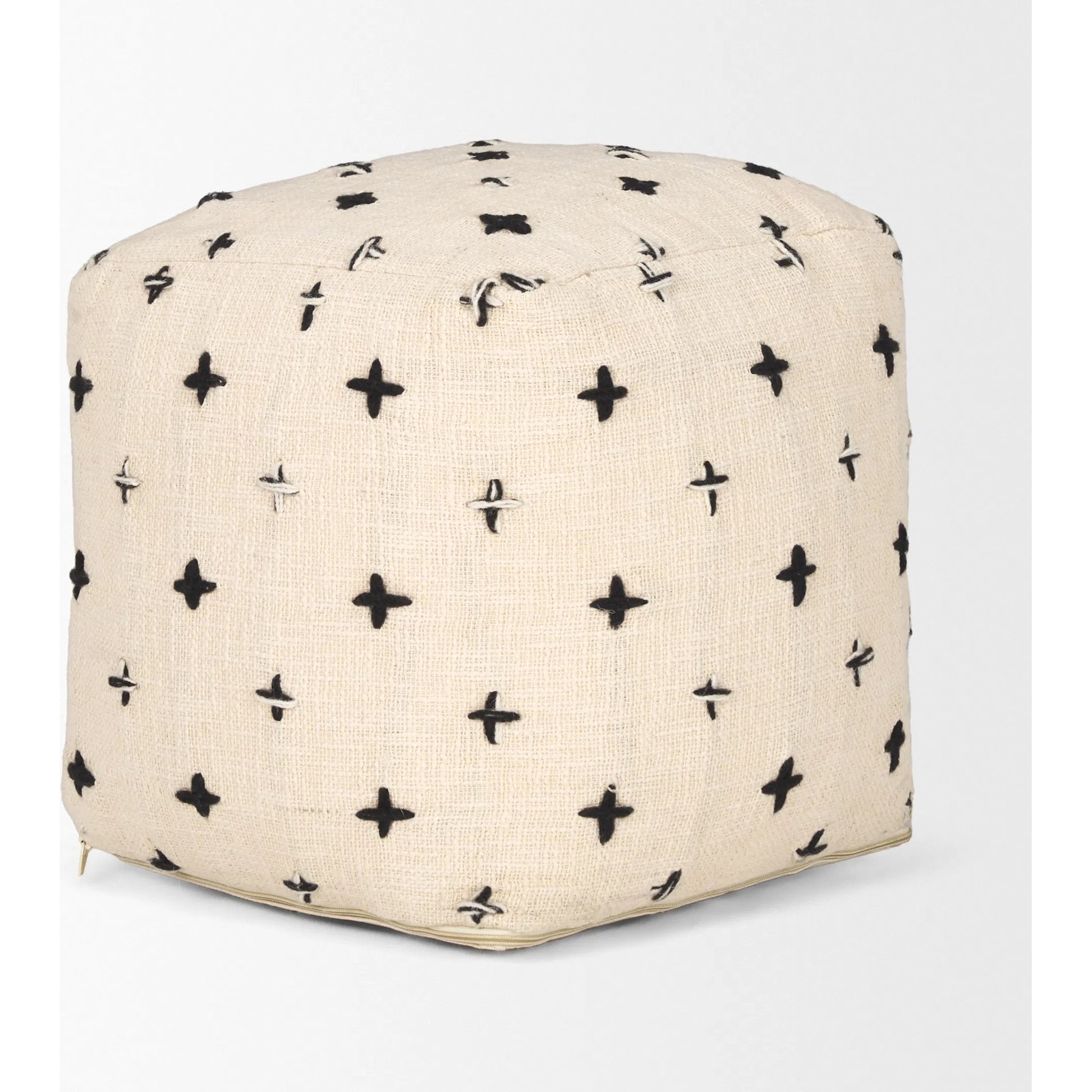 Saanvi Pouf by Mercana in black, cream. Made from wool in a transitional style.