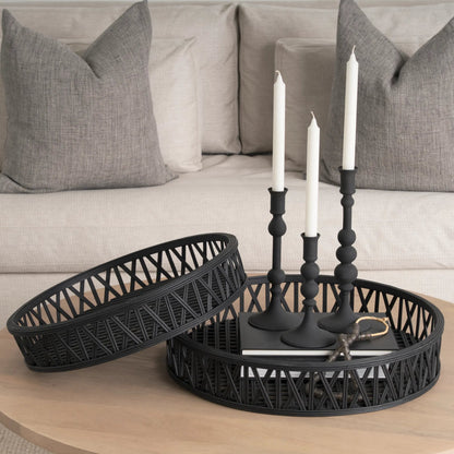 Haute Matte Black Blown Glass Candlestick by Mercana in black. Made from metal in a traditional style.