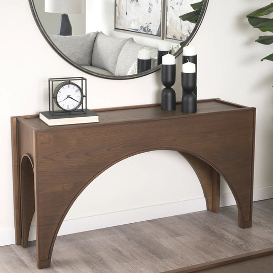 Laraya Console Table by Mercana in brown. Made from solid wood in a transitional style.