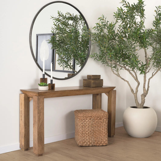 Sapphira Console Table by Mercana in brown. Made from solid wood in a transitional style.