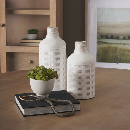 Tisha Vase by Mercana in white. Made from metal in a rustic style.