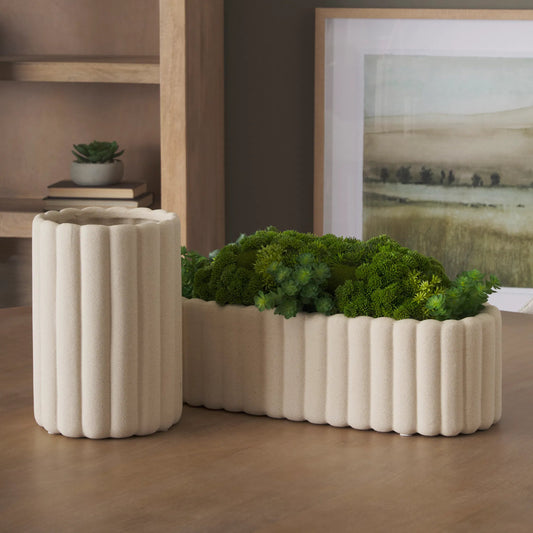 Mira Textured Fluted Vase by Mercana in beige. Made from ceramic in a transitional style.
