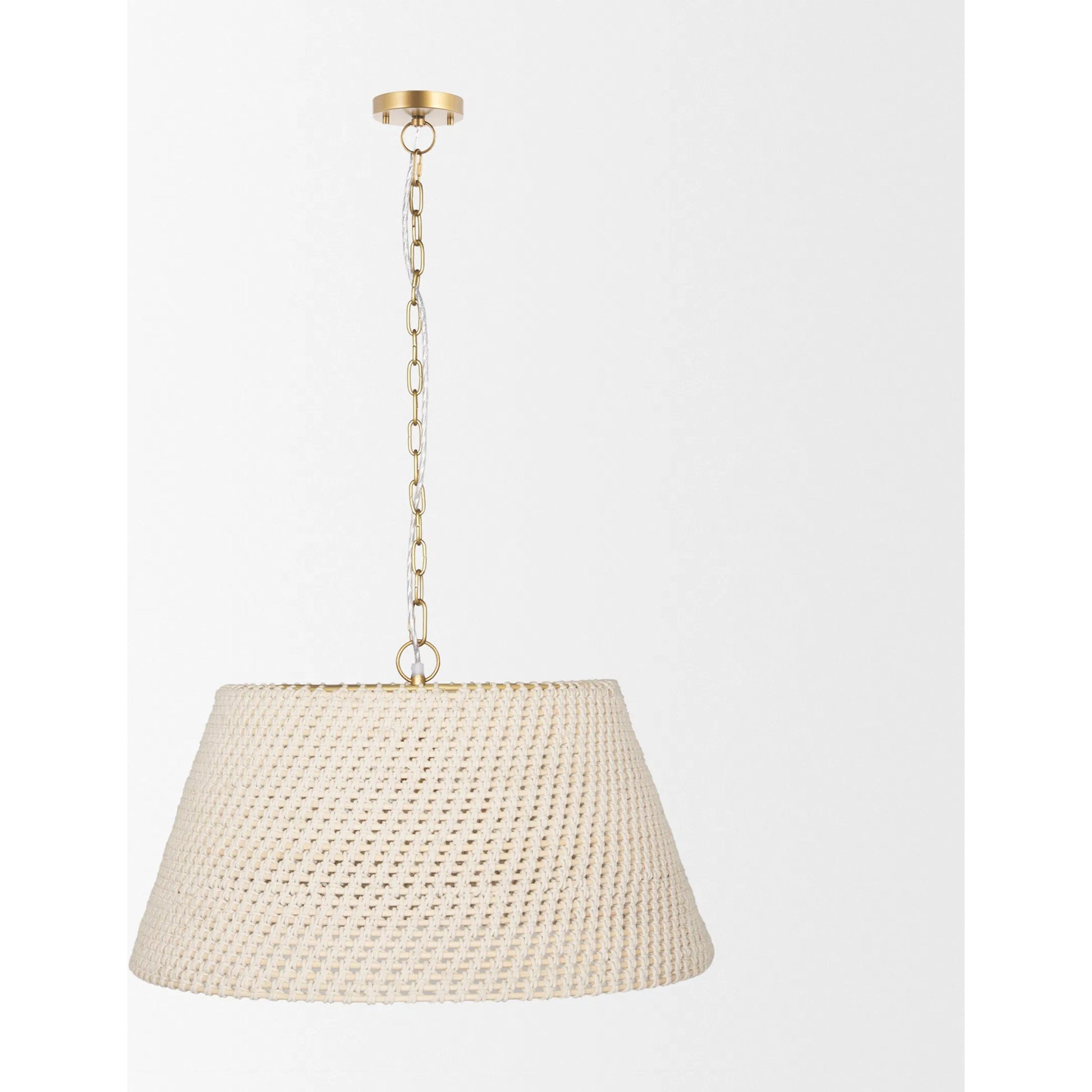 Tosha 1-Light Tapered Cotton Rope Drum Pendant by Mercana in cream. Made from rope in a rustic style.