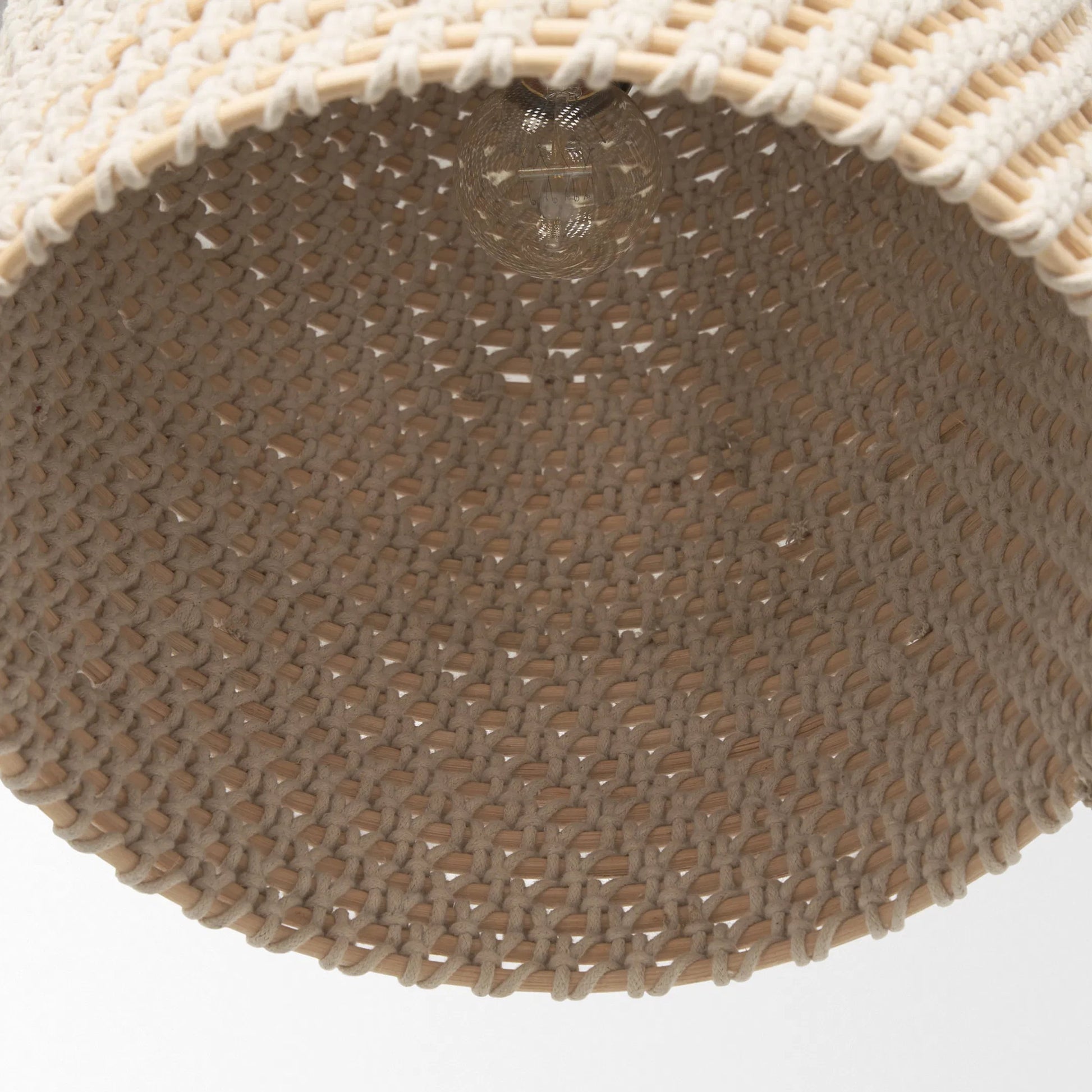 Tosha 1-Light Cotton Rope Bell Pendant by Mercana in cream. Made from rope in a rustic style.