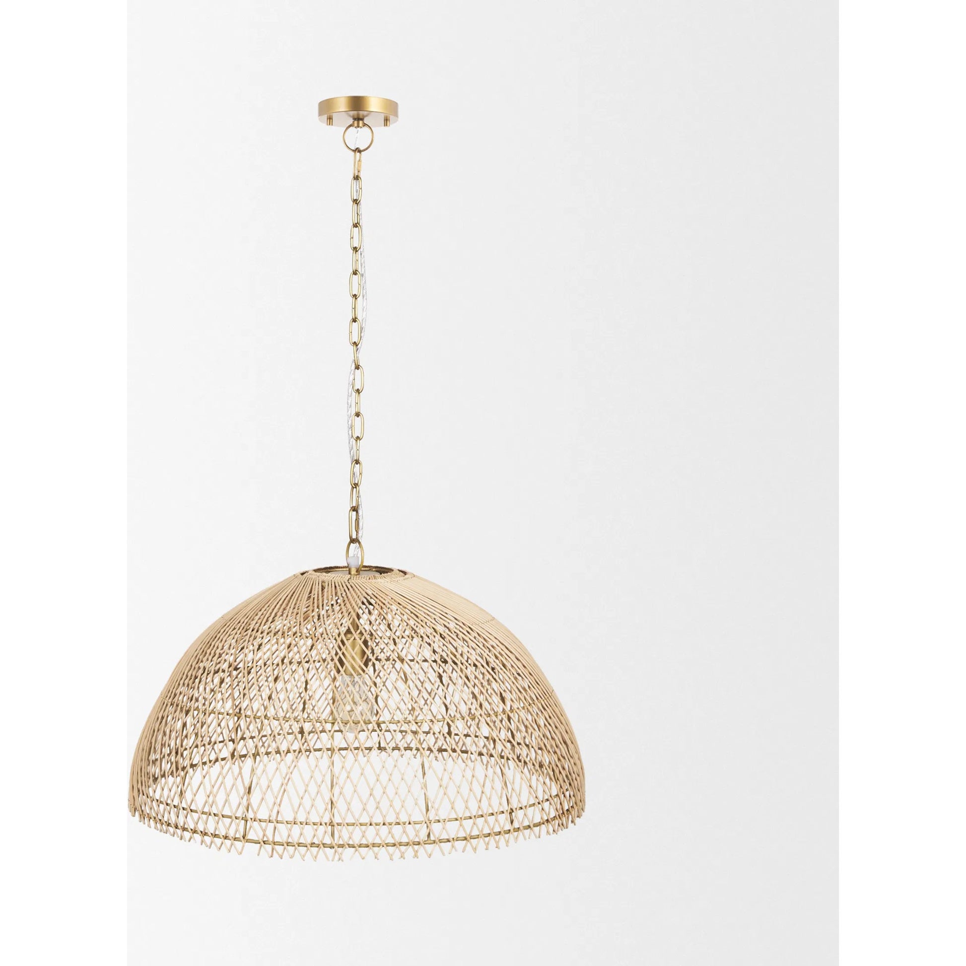Thad 1-Light Natural Woven Rattan Dome Pendant by Mercana in natural. Made from rope in a rustic style.