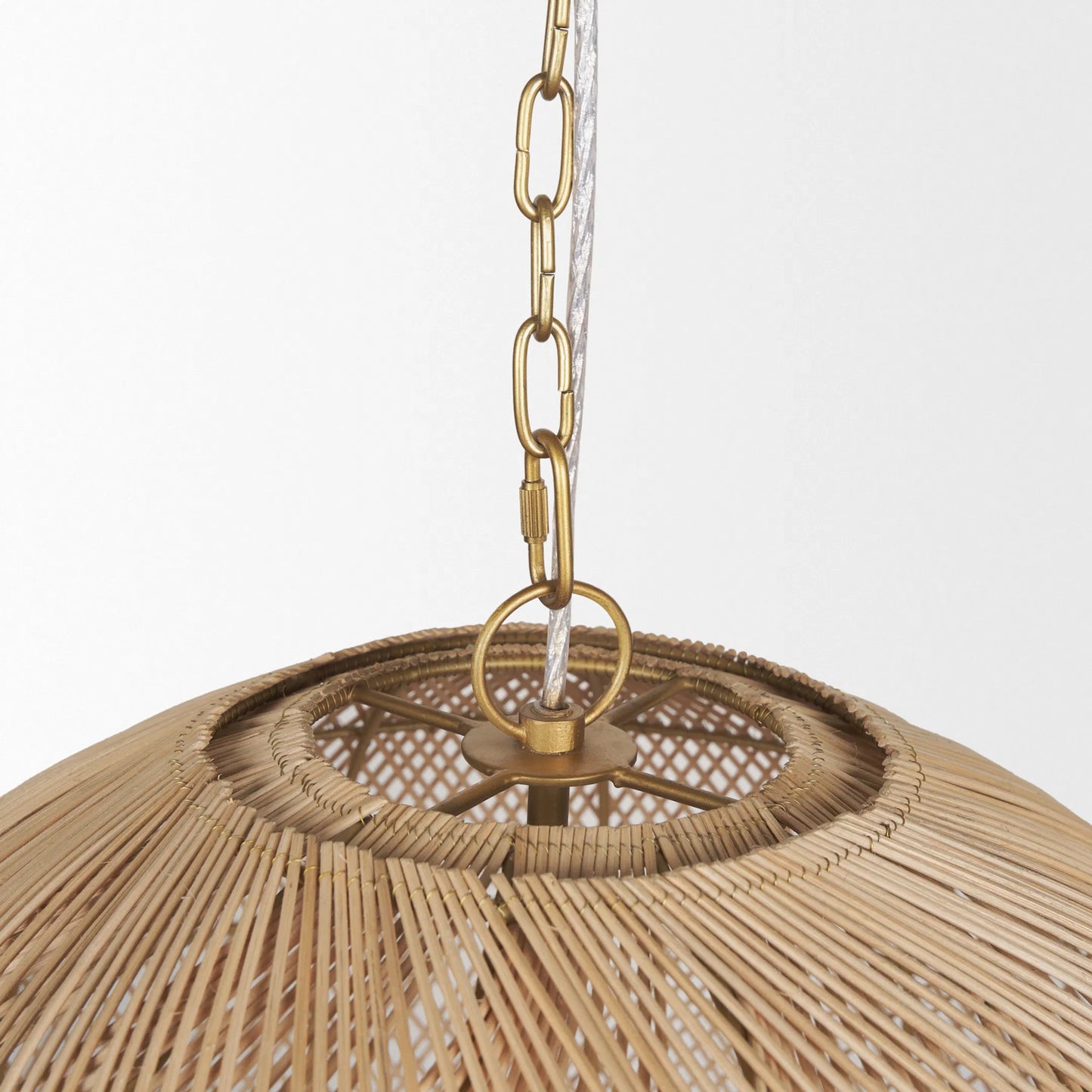 002 SI-2370578 | Closeup | Thad 4-Light Natural Woven Rattan Foyer Chandelier by Mercana in gold. Made from metal in a rustic style.