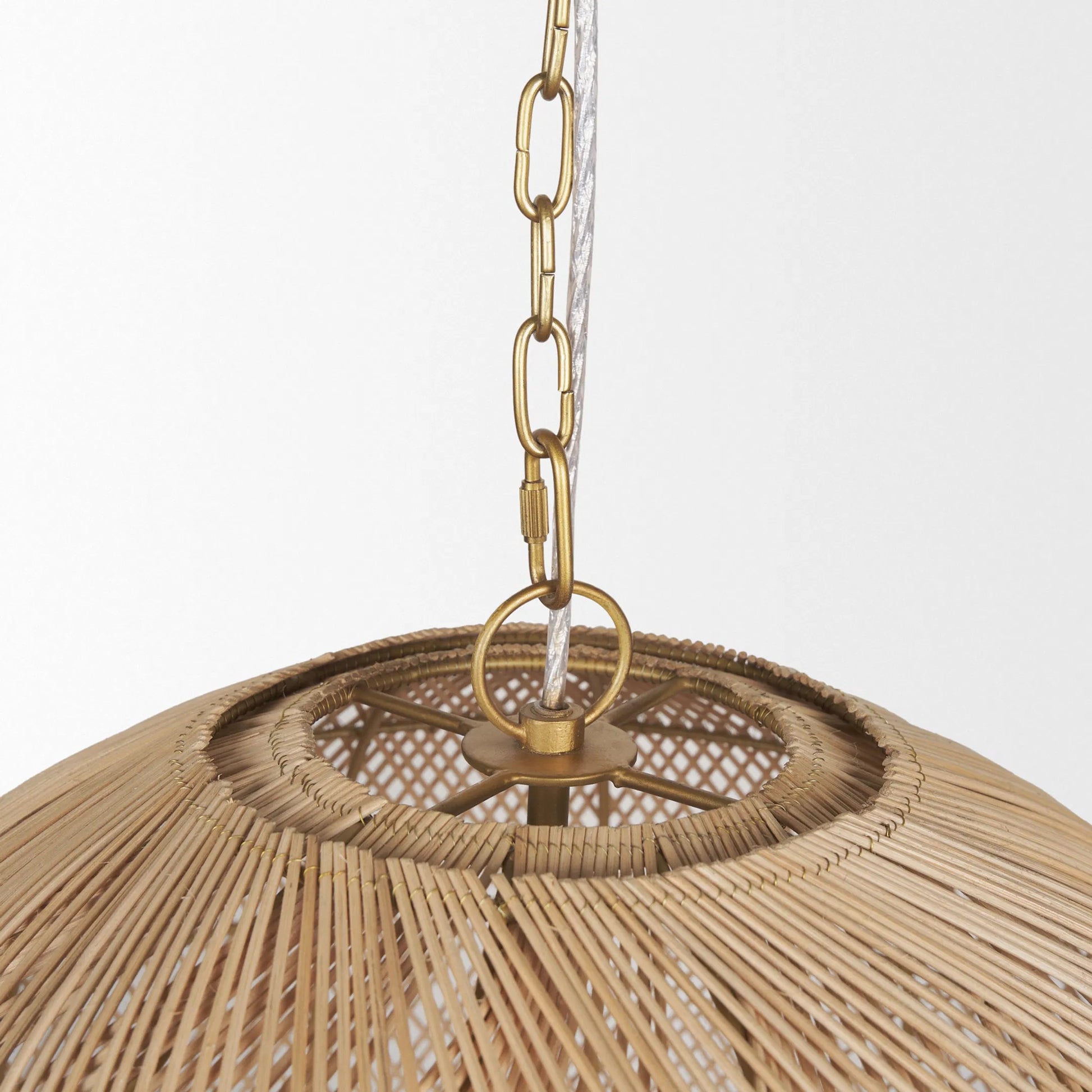 Thad 4-Light Natural Woven Rattan Foyer Chandelier by Mercana in gold. Made from metal in a rustic style.