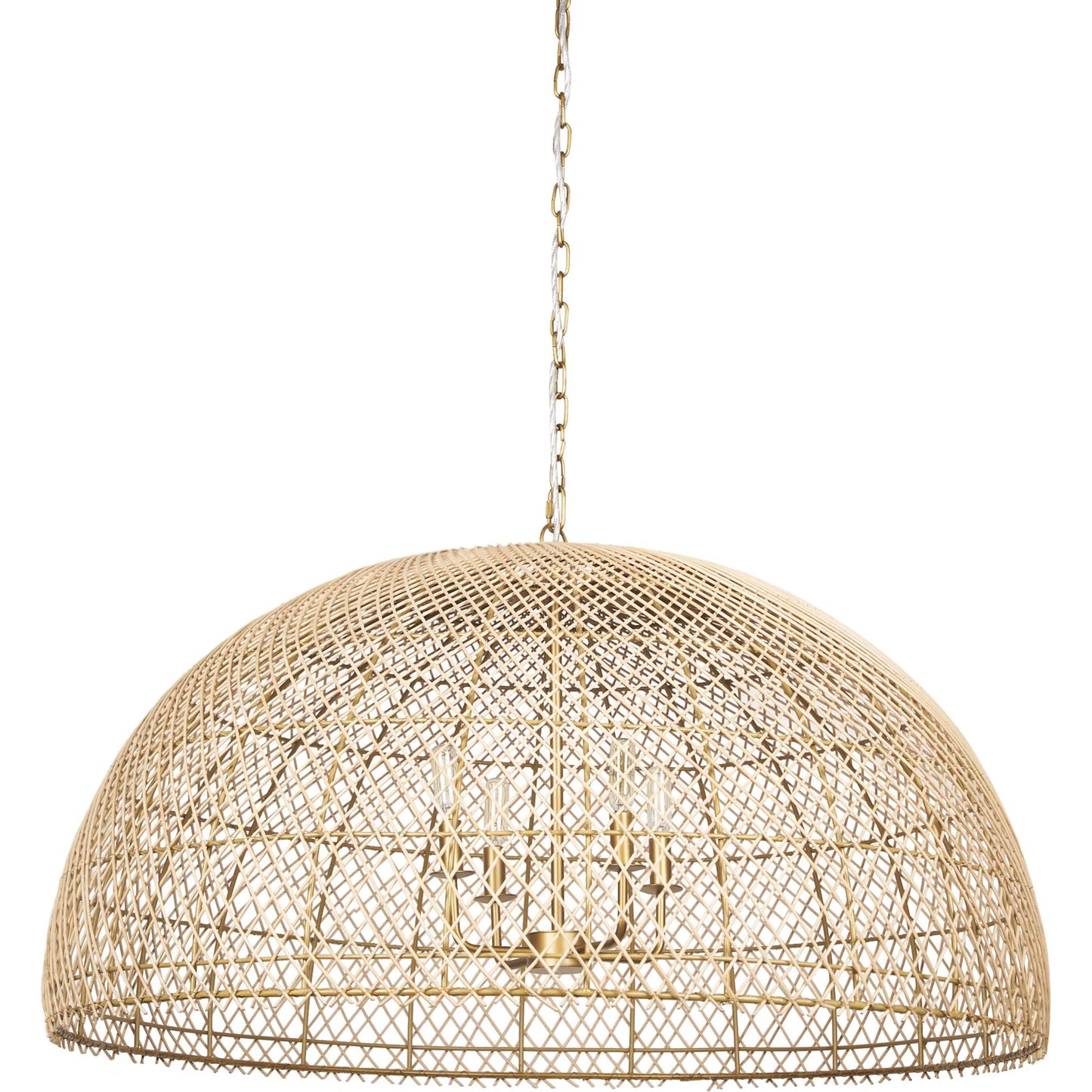 027 SI-2370579 | Primary Silo | Thad 4-Light Natural Woven Rattan Dome Chandelier by Mercana in gold. Made from metal in a rustic style.