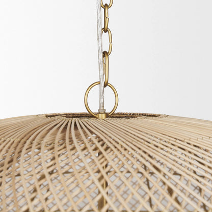 Thad 4-Light Natural Woven Rattan Dome Chandelier by Mercana in gold. Made from metal in a rustic style.