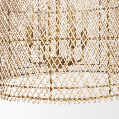 Thad 4-Light Natural Woven Rattan Foyer Chandelier by Mercana in gold. Made from metal in a rustic style.
