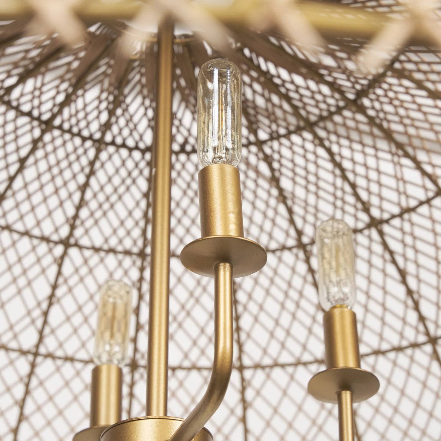 033 SI-2370579 | Closeup | Thad 4-Light Natural Woven Rattan Dome Chandelier by Mercana in gold. Made from metal in a rustic style.