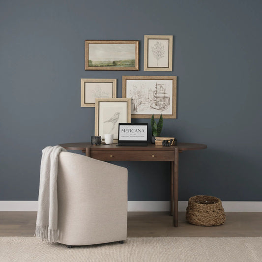 Sohan Desk by Mercana in dark brown. Made from manufactured wood in a unique style.