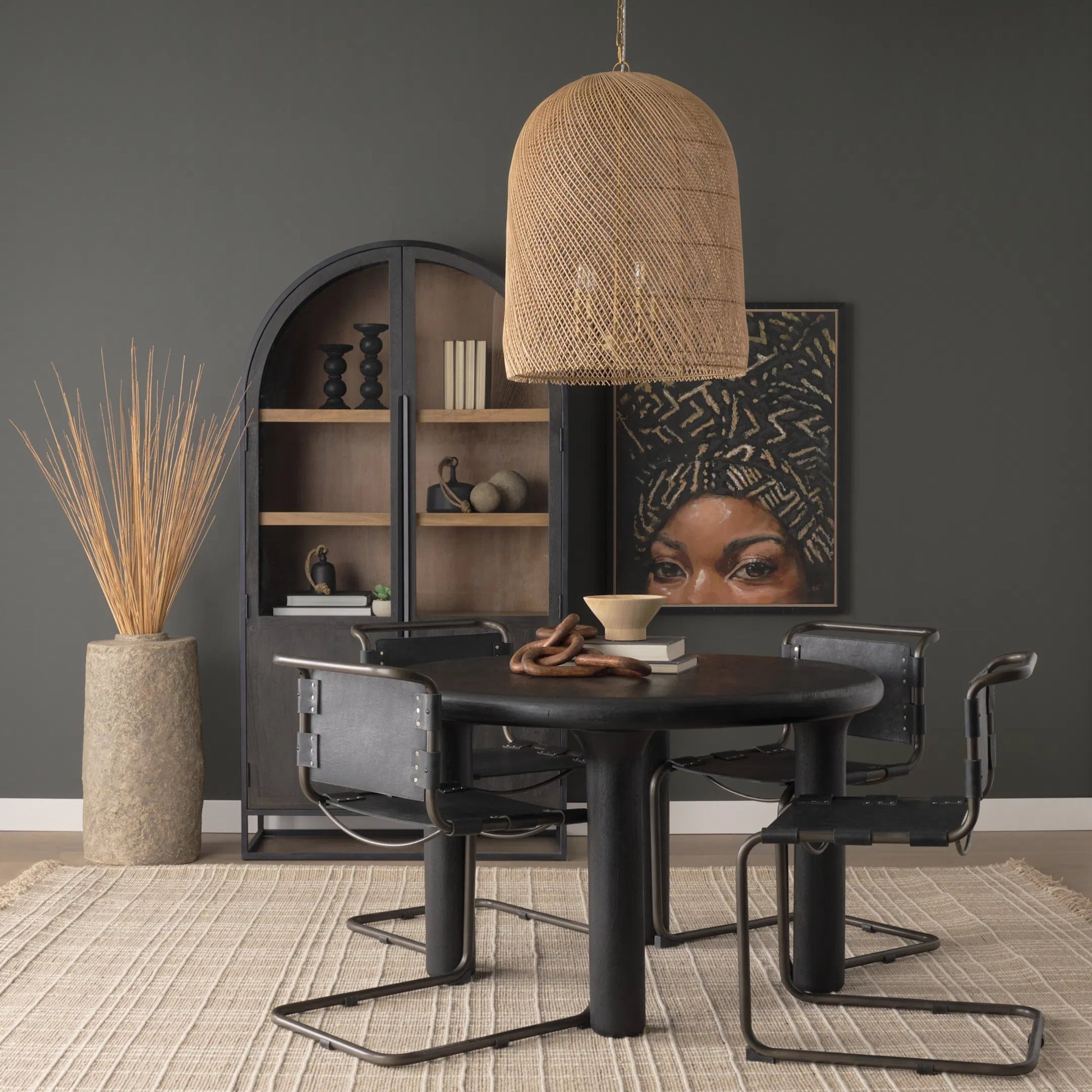 Thad 4-Light Natural Woven Rattan Foyer Chandelier by Mercana in gold. Made from metal in a rustic style.