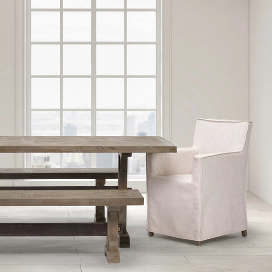 Elbert Dining Arm Chair by Mercana in cream. Made from fabric in a transitional style.