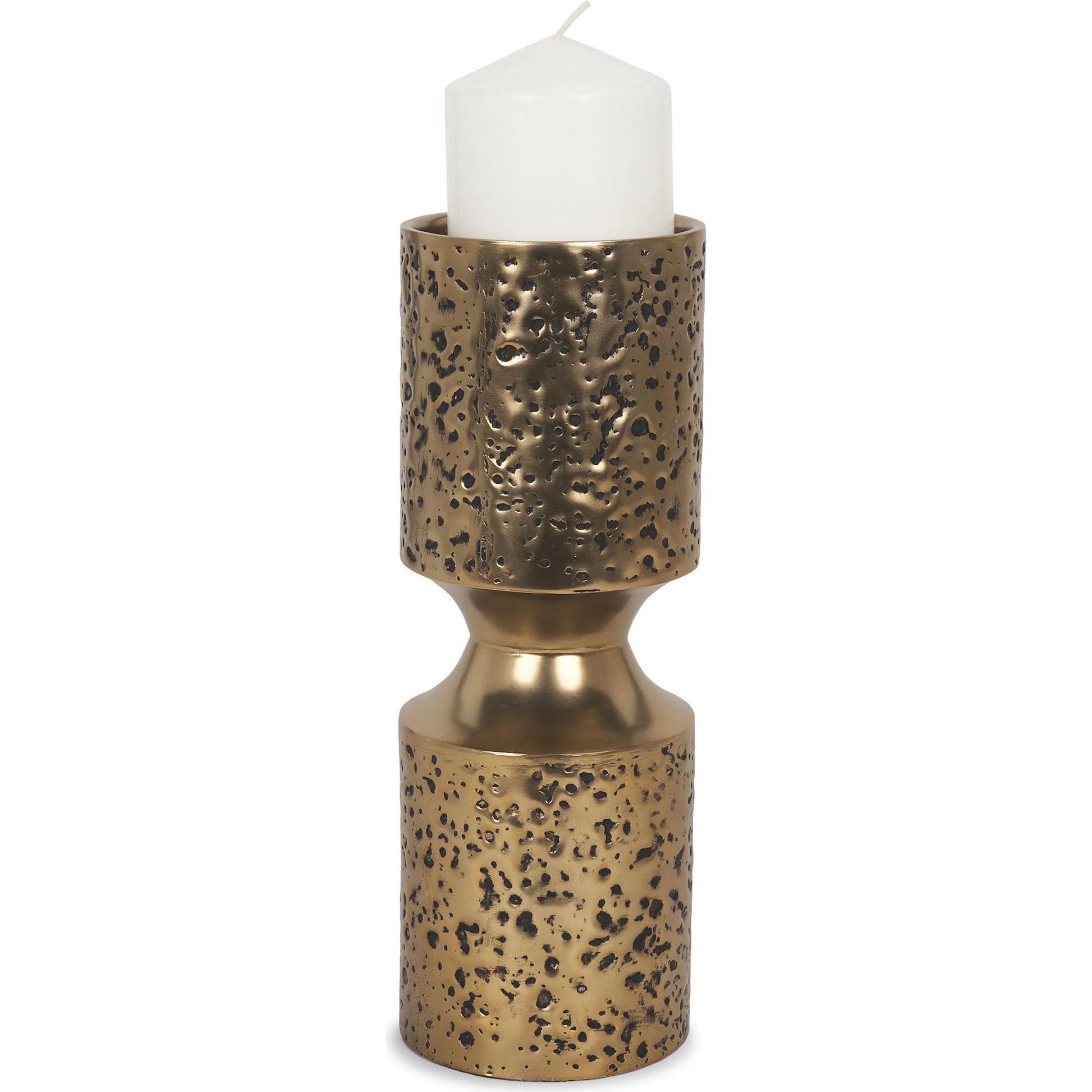 Akira Hammered Gold Pillar Candle Holder by Mercana in antiqued gold. Made from metal in a rustic style.