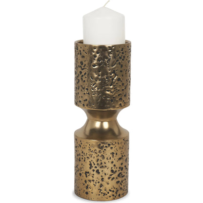Akira Hammered Gold Pillar Candle Holder by Mercana in antiqued gold. Made from metal in a rustic style.