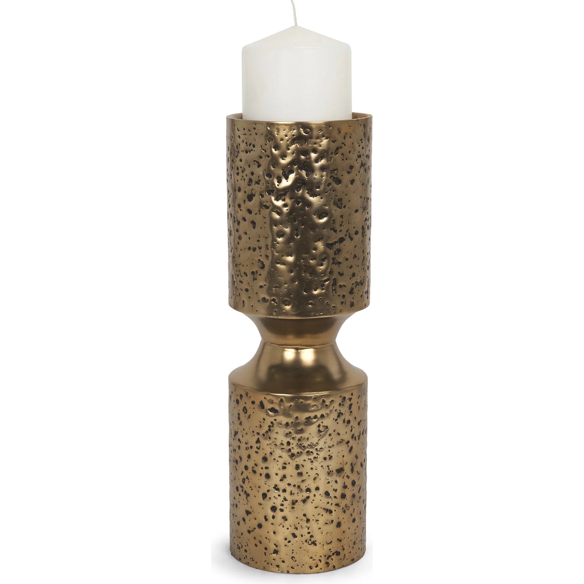 Akira Hammered Gold Pillar Candle Holder by Mercana in antiqued gold. Made from metal in a rustic style.