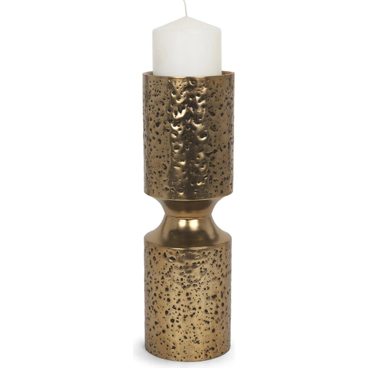 Akira Hammered Gold Pillar Candle Holder by Mercana in antiqued gold. Made from metal in a rustic style.
