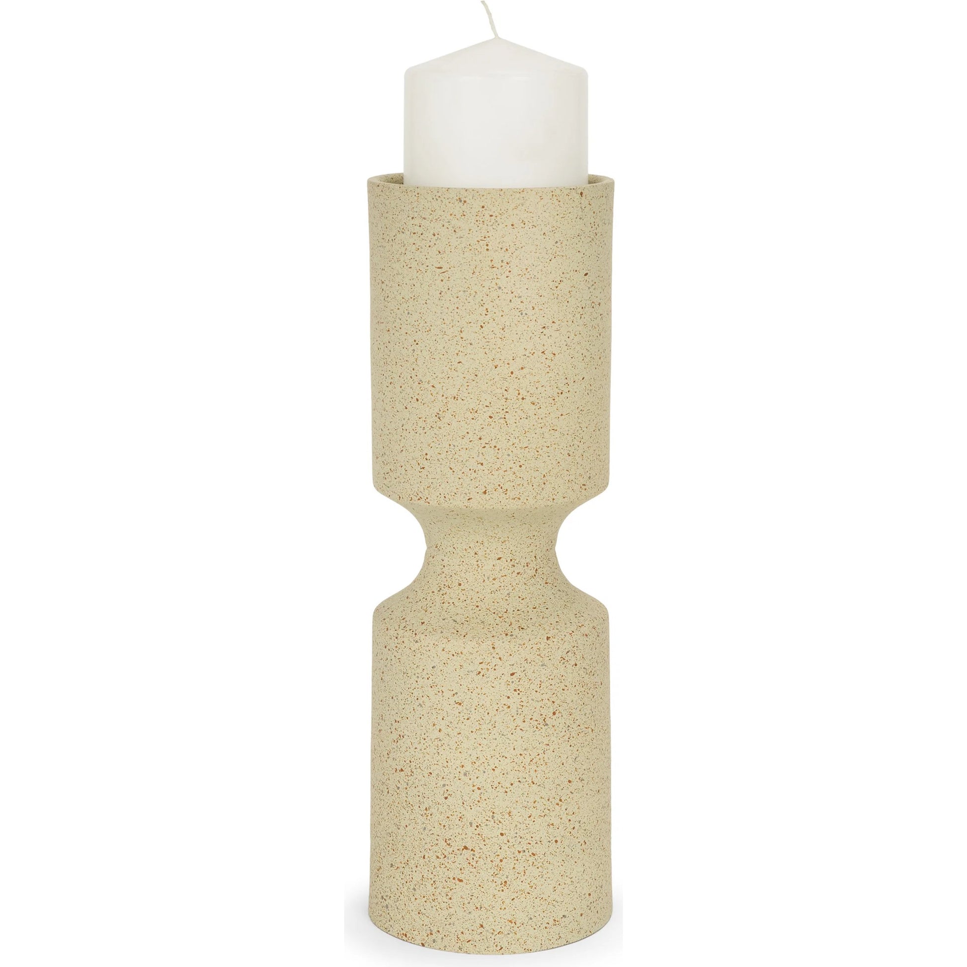 Akira Textured Pillar Candle Holder by Mercana in beige. Made from metal in a transitional style.