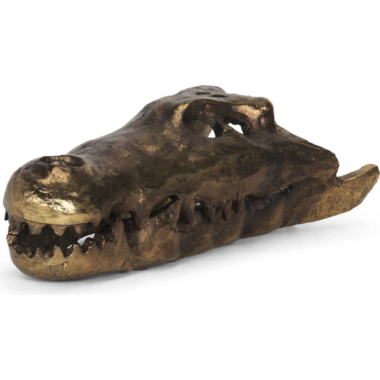 Alistair Antiqued Gold Cast Decorative Skull Object by Mercana in antiqued brass. Made from metal in a rustic style.