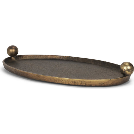 Jianna Oval Textured Antiqued Gold Tray with Handles by Mercana in antiqued gold. Made from metal in a unique style.