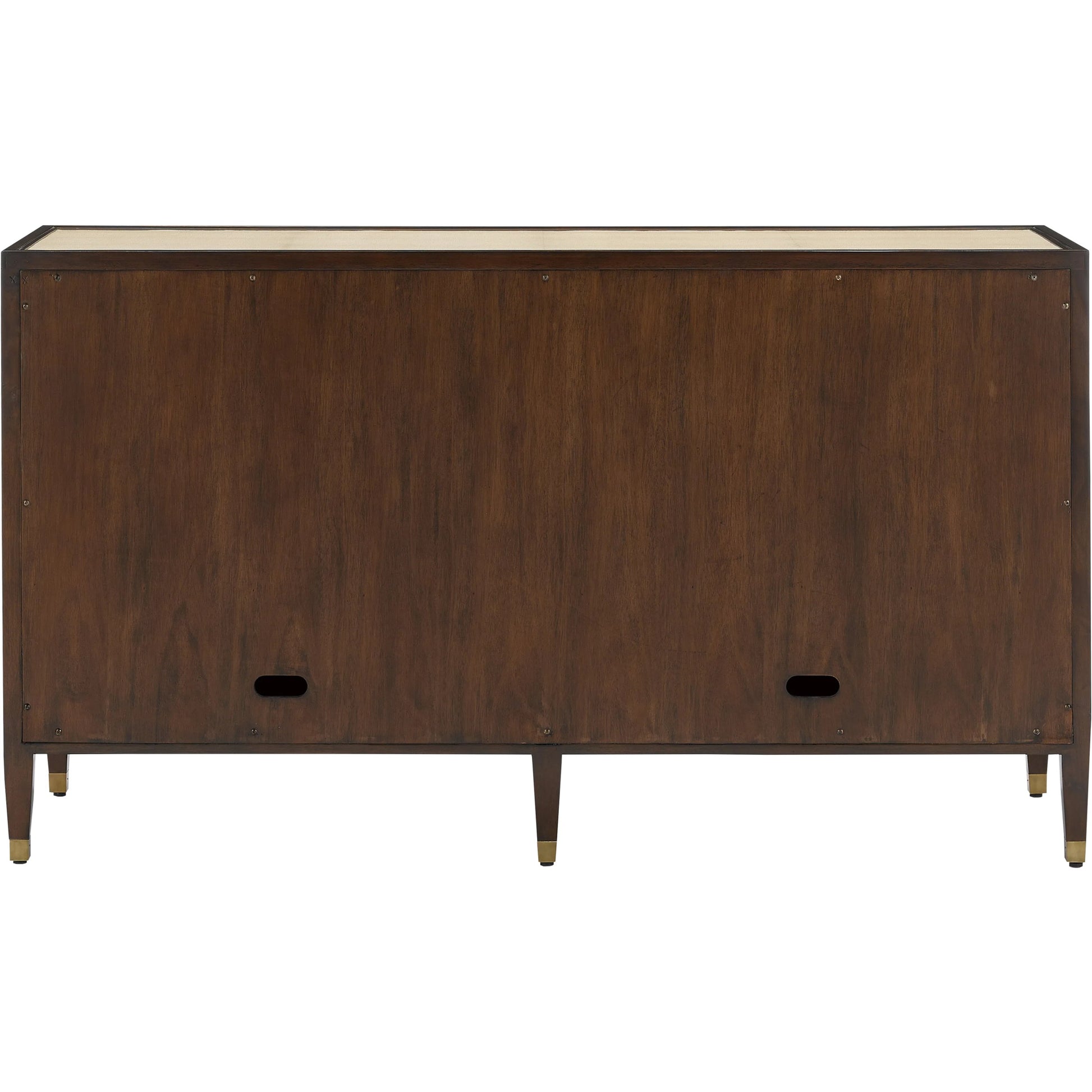 Evie Credenza by Currey and Company in ivory, dark walnut, brass. Made from faux shagreen, mahogany, cast brass in a transitional style.